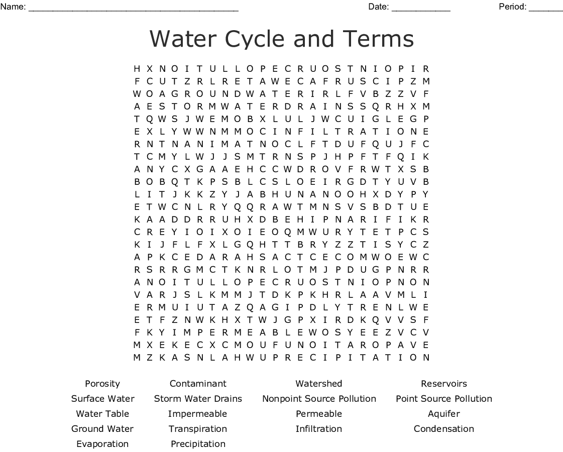 Water Cycle And Terms Word Search - Wordmint