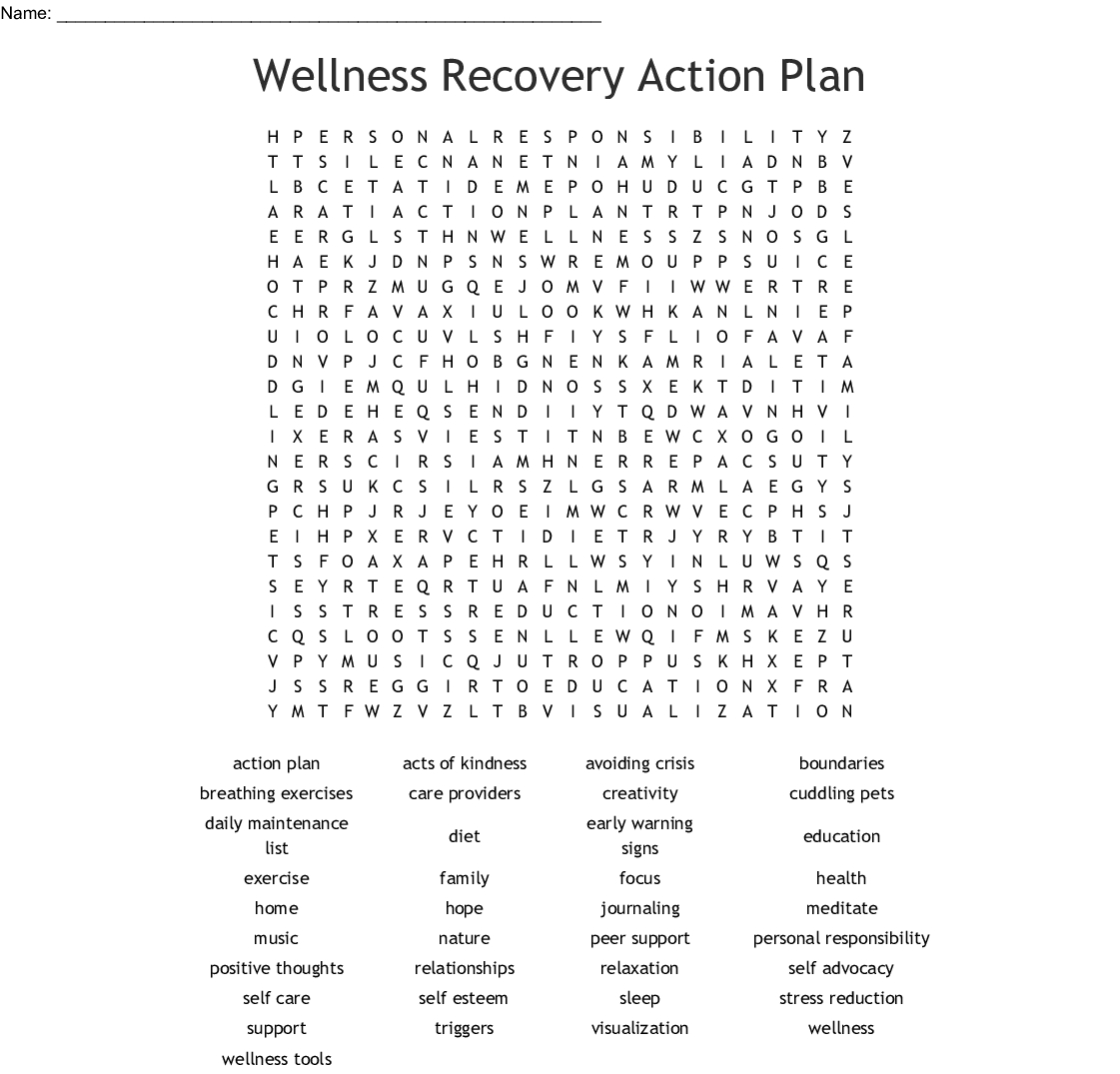 Wellness Recovery Action Plan Word Search - Wordmint