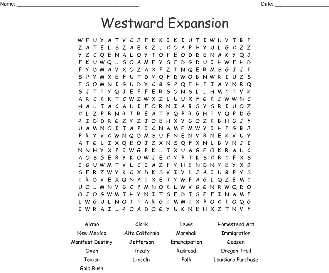 Westward Expansion Word Search Puzzle Answers