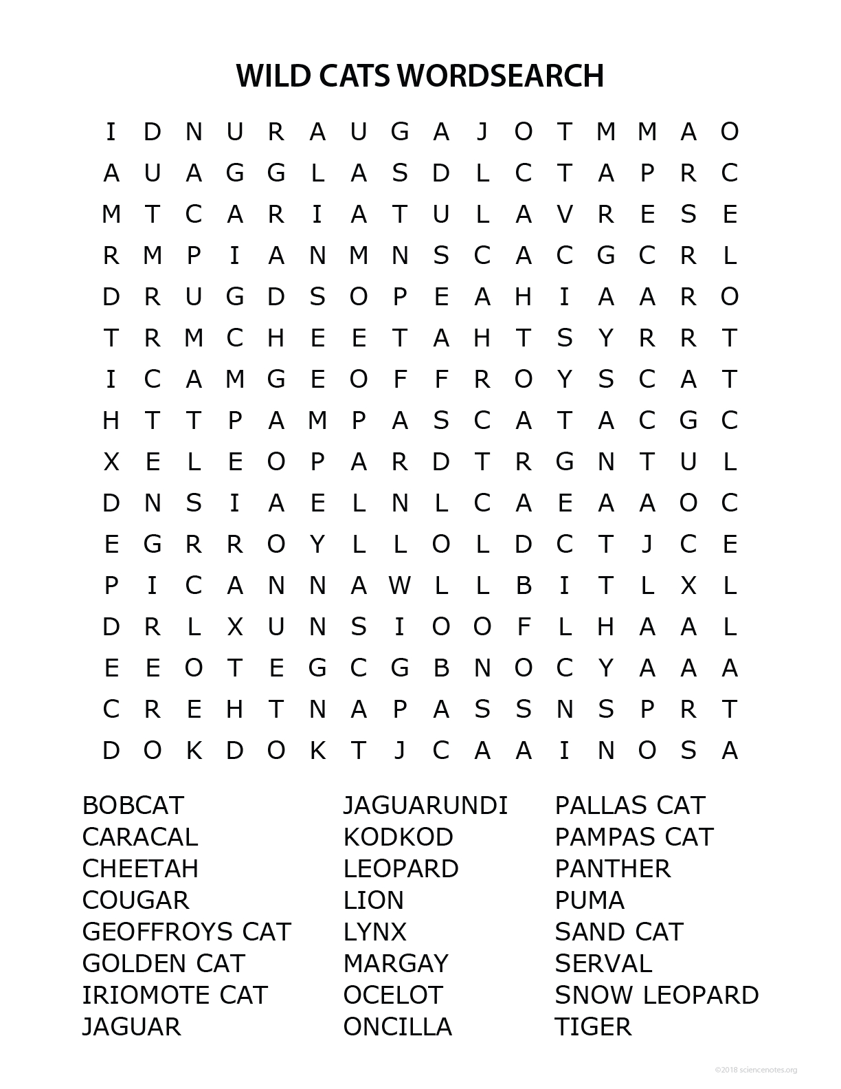 Wild Cats Word Search