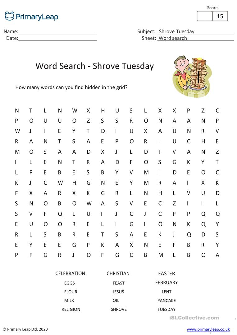 Word Search Activity - Pancake Day/shrove Tuesday - English