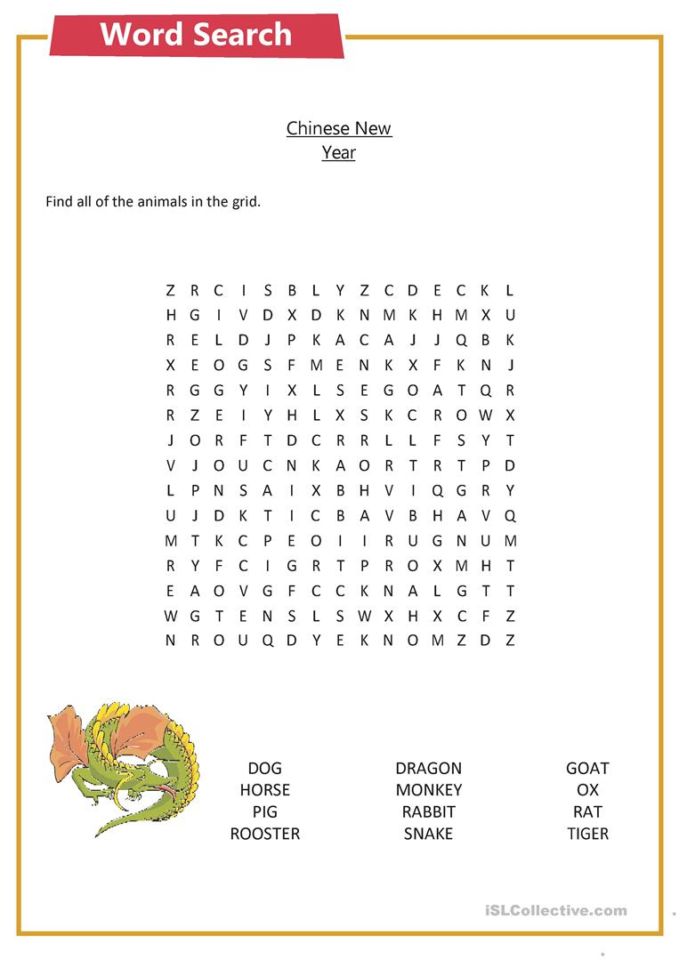 Word Search - Chinese New Year - English Esl Worksheets For