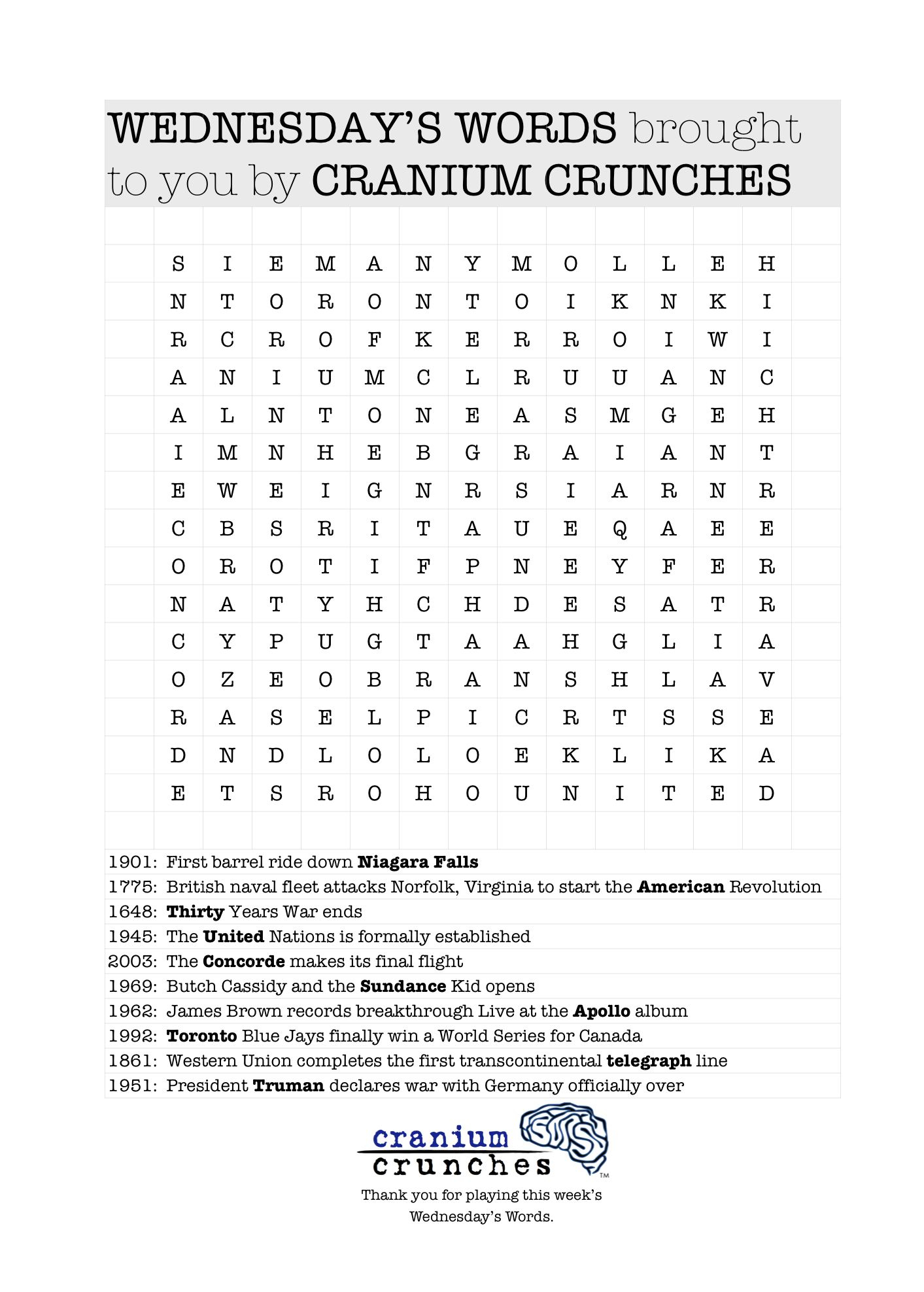 Word Search Puzzle From Our Blog Themed “Today In History