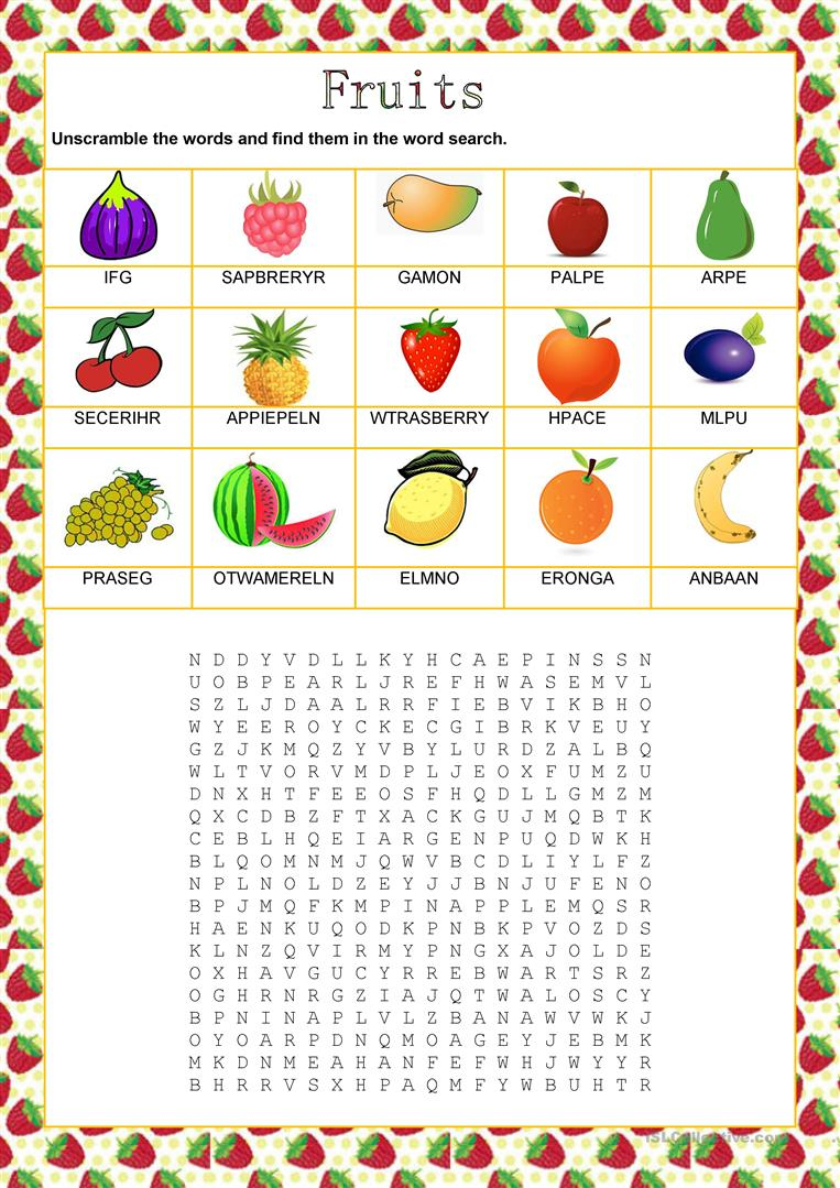 Wordsearch - Fruits - English Esl Worksheets For Distance