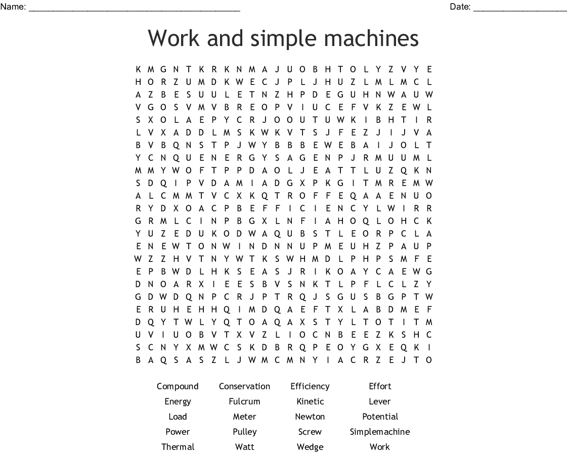 Work And Simple Machines Word Search - Wordmint