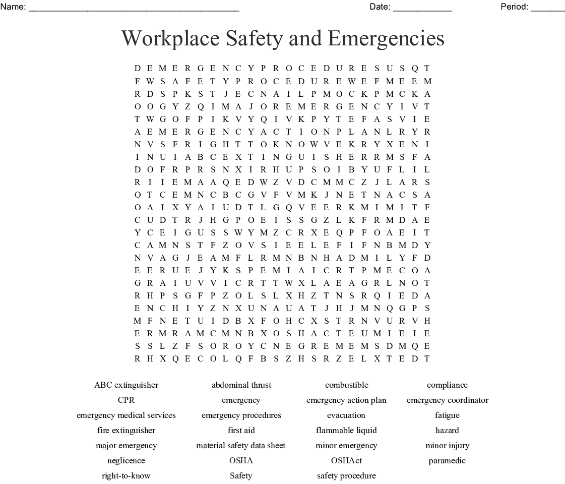 Workplace Safety And Emergencies Word Search - Wordmint