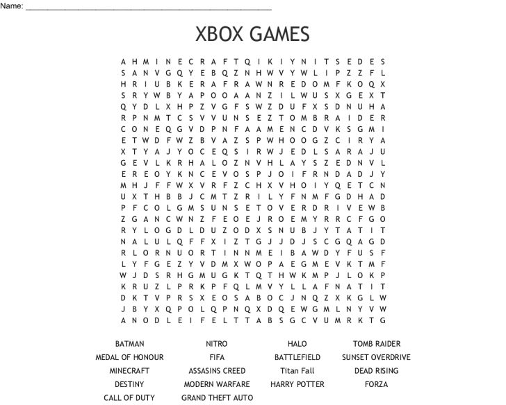 Xbox Games Word Search - Wordmint | Word Search Printable