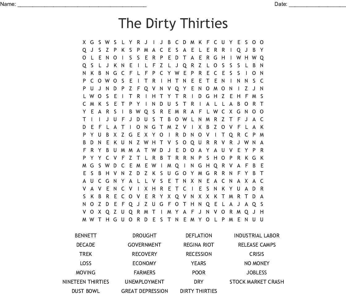 1920S Great Depression Word Search - Wordmint