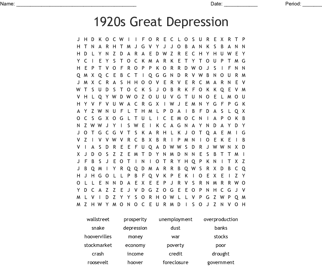 1920S Great Depression Word Search - Wordmint