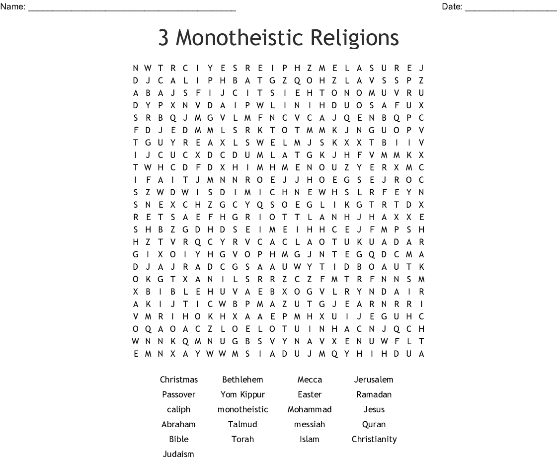3 Monotheistic Religions Word Search - Wordmint