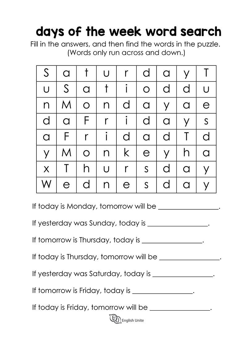 3 Worksheet Bowling Word Search Days Of The Week Word Search