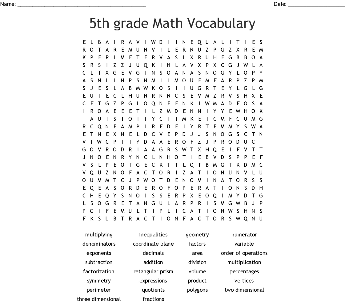 5Th Grade Math Vocabulary Word Search - Wordmint