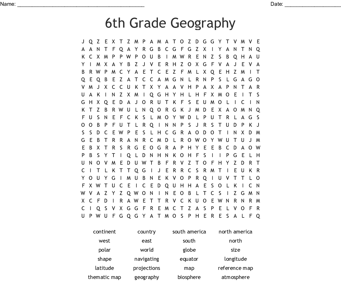 Word Search For 6th Graders