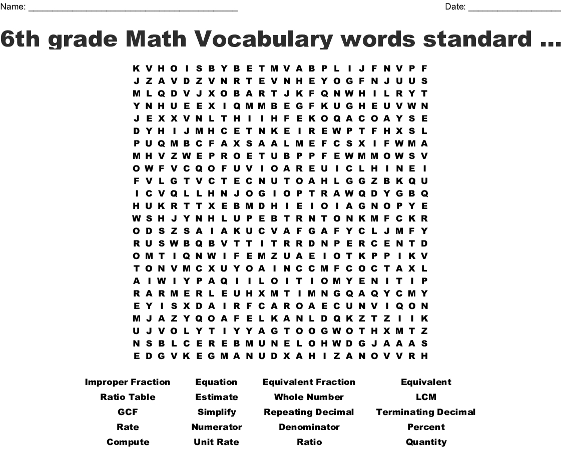 6Th Grade Math Vocabulary Words Standard 6.ns. 1-4 &amp;amp; 6.rp. 1