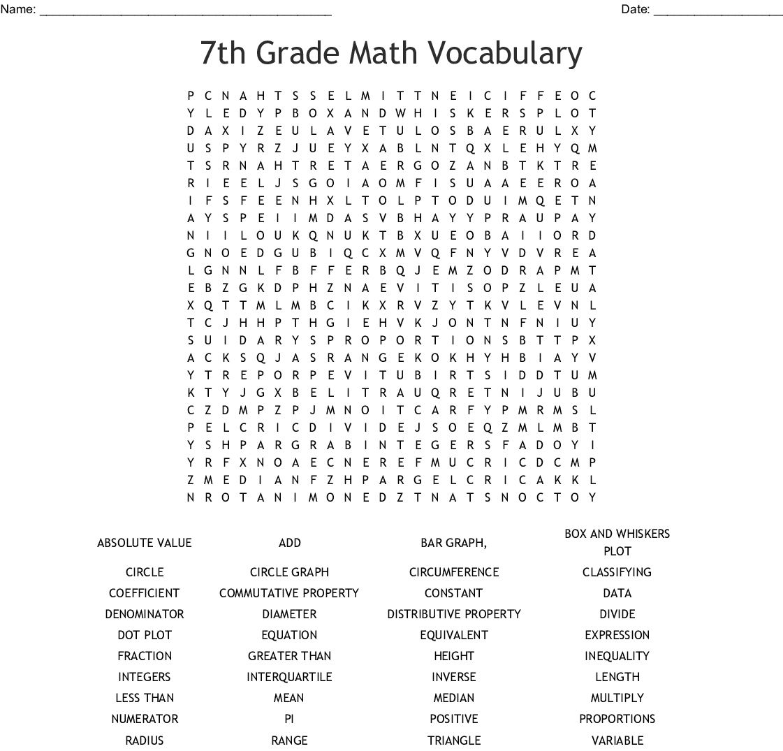 7th Grade Math Vocabulary Word Search Answer Key