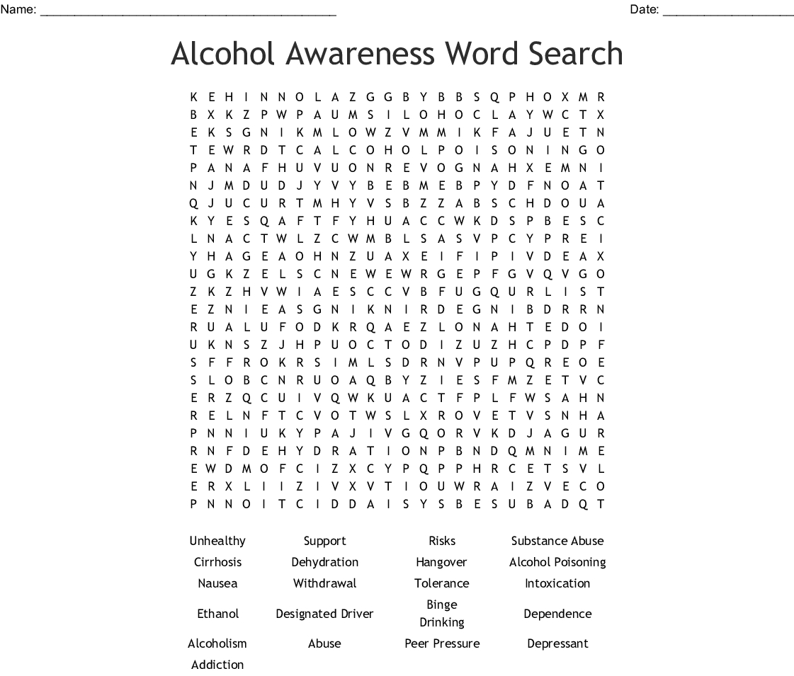 Alcohol Awareness Word Search - Wordmint