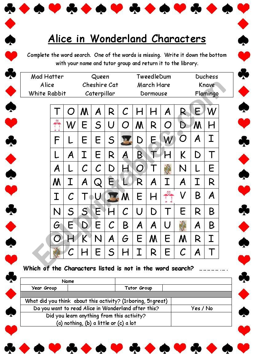 Alice In Wonderland Word Search - Esl Worksheetjbowles