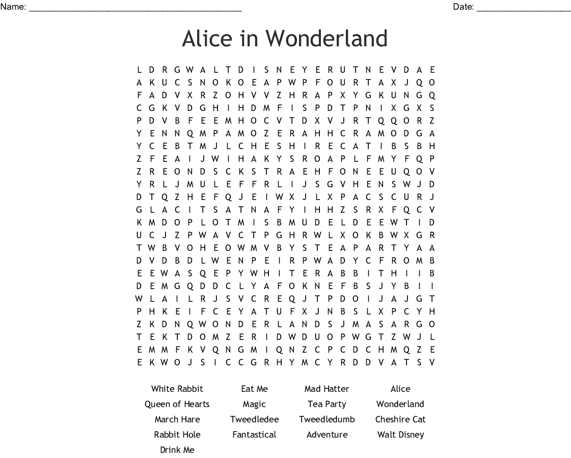 Alice In Wonderland Wordsearch - Wordmint