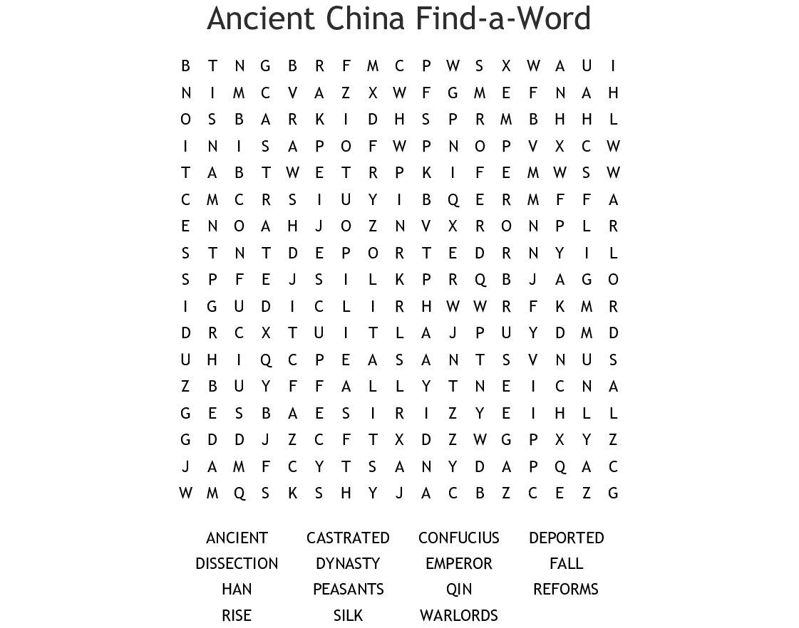 Ancient China Find-A-Word Word Search - Wordmint