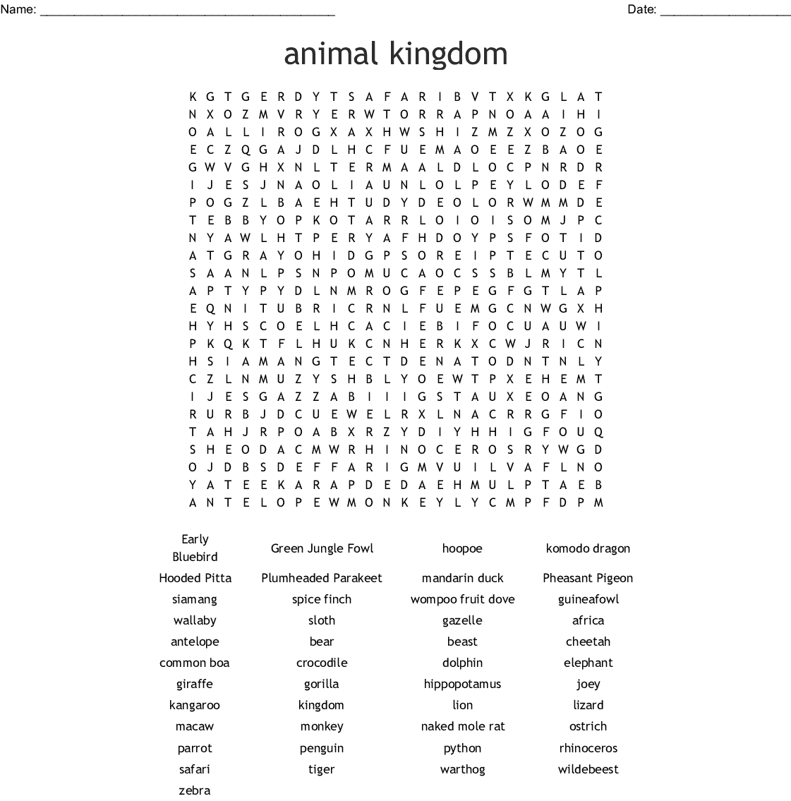 Animal Kingdom Word Search - Wordmint