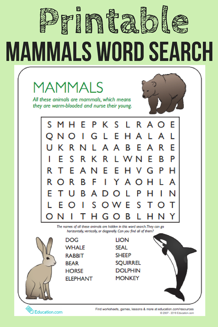 Animal Word Search: Mammals | Mammals, Elementary Science