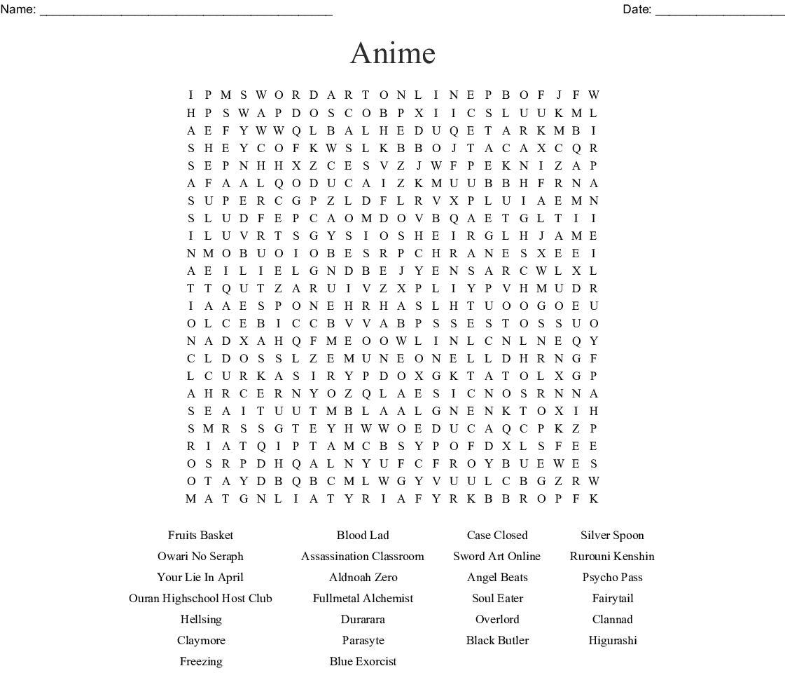 Anime &amp;amp; Manga Crosswords, Word Searches, Bingo Cards - Wordmint