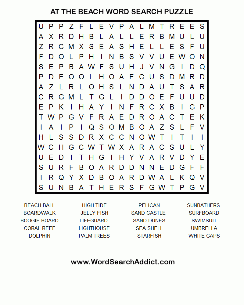 At The Beach Printable Word Search Puzzle | Word Search
