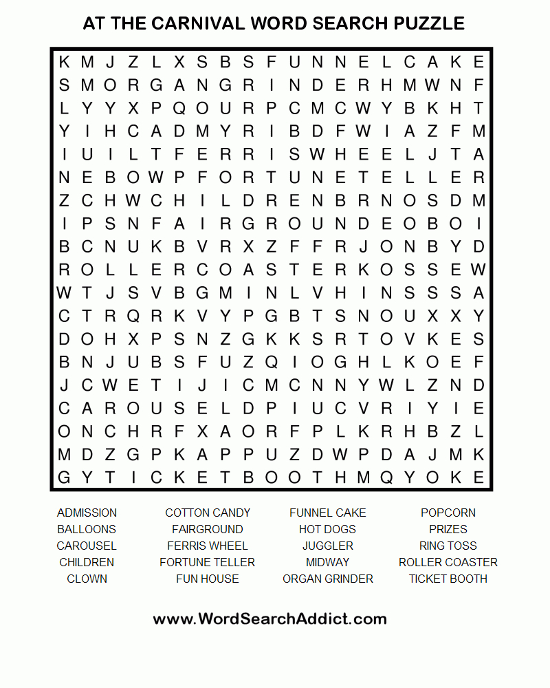 At The Carnival Printable Word Search Puzzle | Word Search