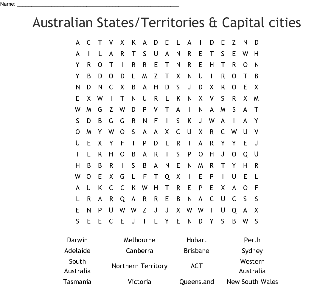 Australian States/territories &amp;amp; Capital Cities Word Search