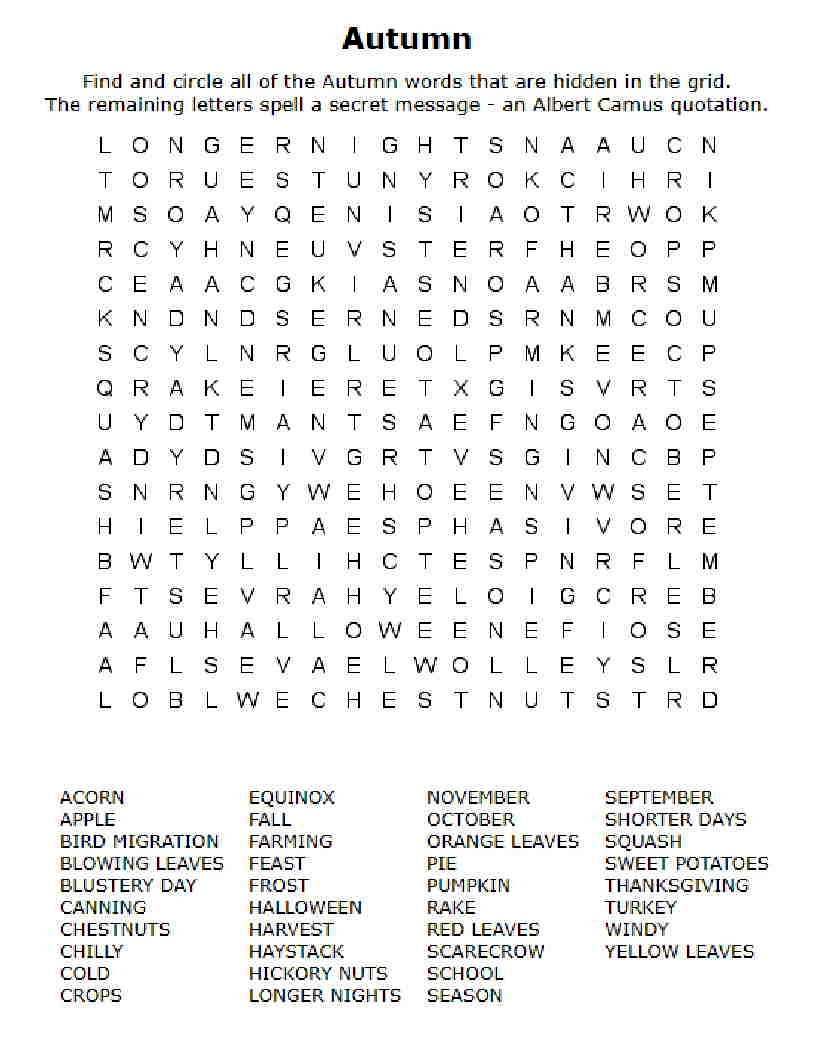 Autumn Word Search -- Printable