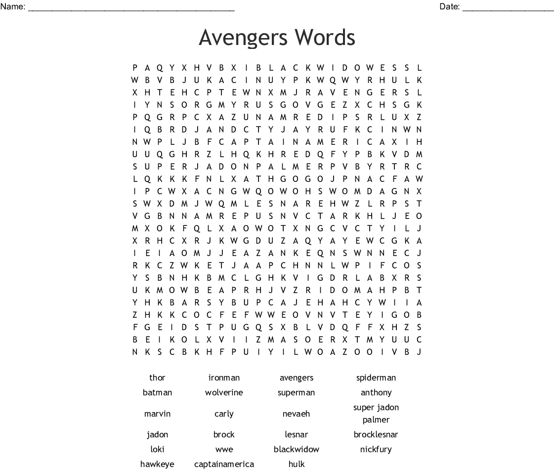 Avengers Words Word Search - Wordmint