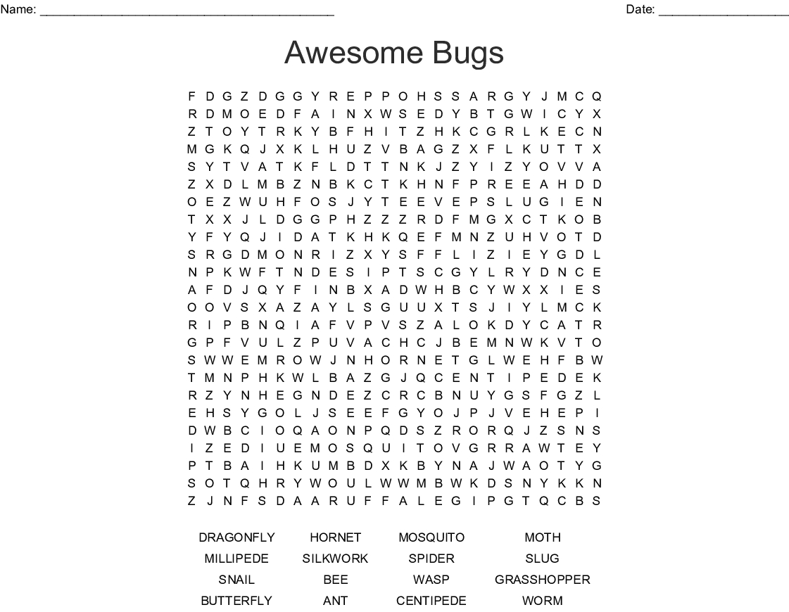 Awesome Bugs Word Search - Wordmint