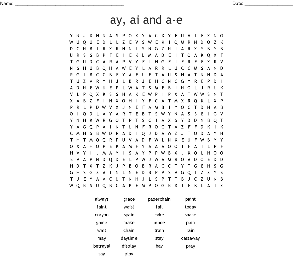 Ay, Ai And A-E Word Search - Wordmint