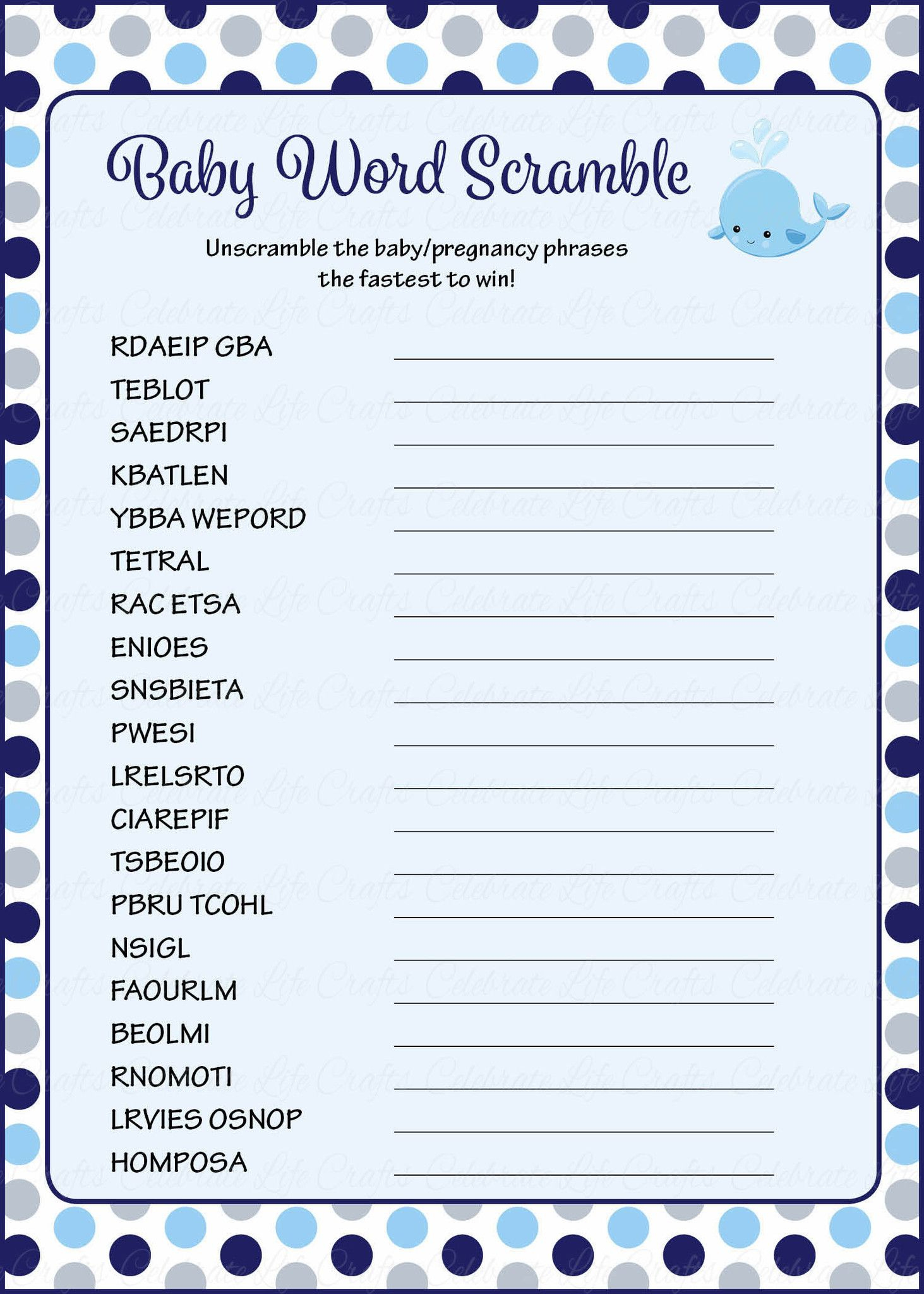 Baby Word Scramble - Printable Download - Navy Gray Whale
