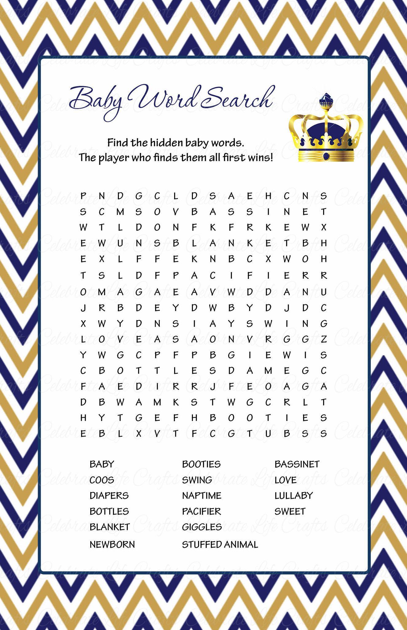 Baby Word Search - Printable Download - Navy &amp;amp; Gold Baby