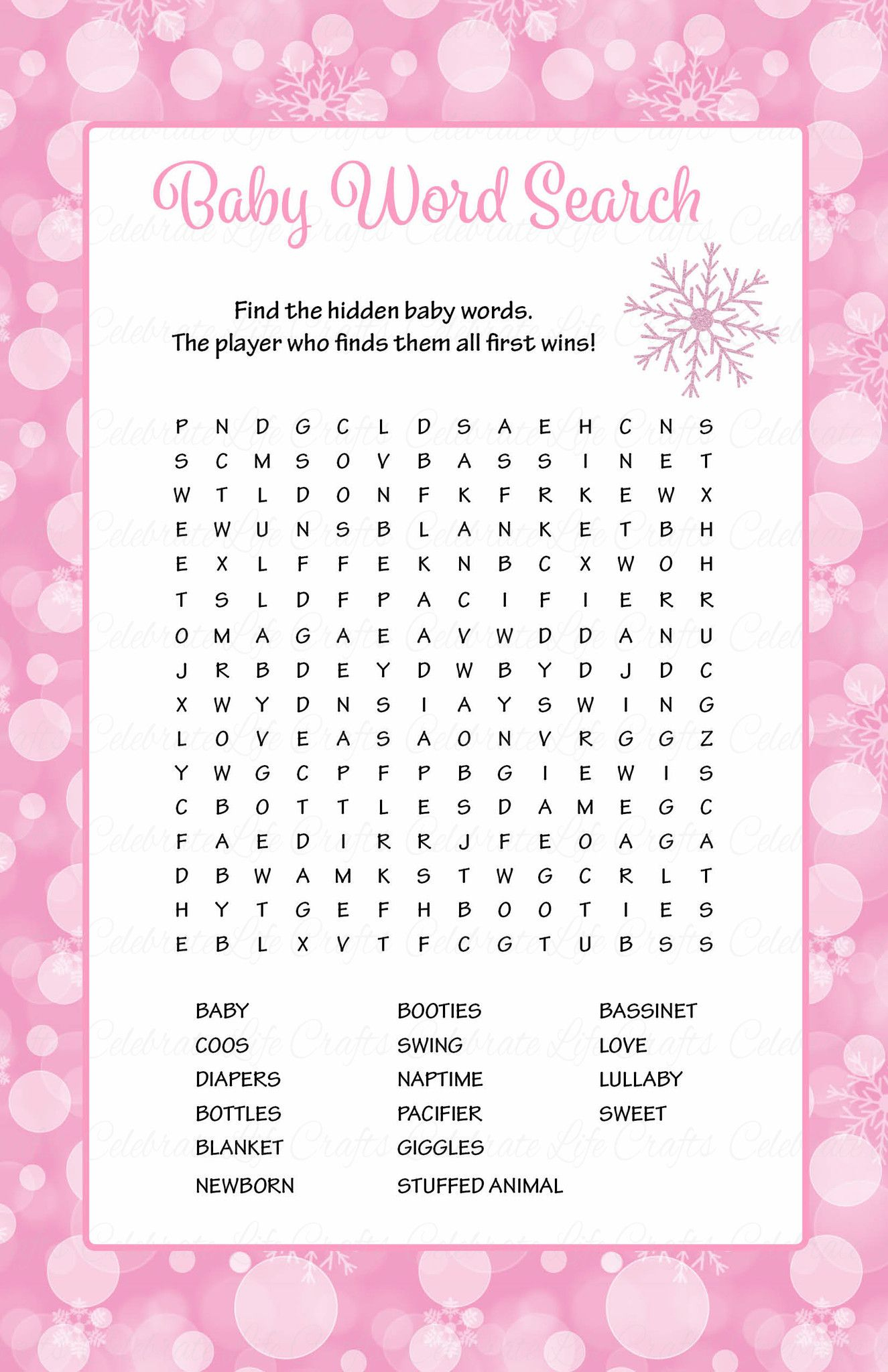 Baby Word Search - Printable Download - Pink Bokeh Winter