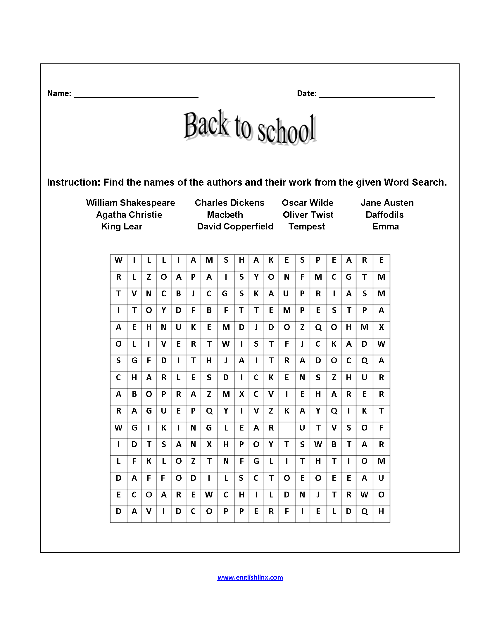Back To School Worksheets | Word Search Back To School