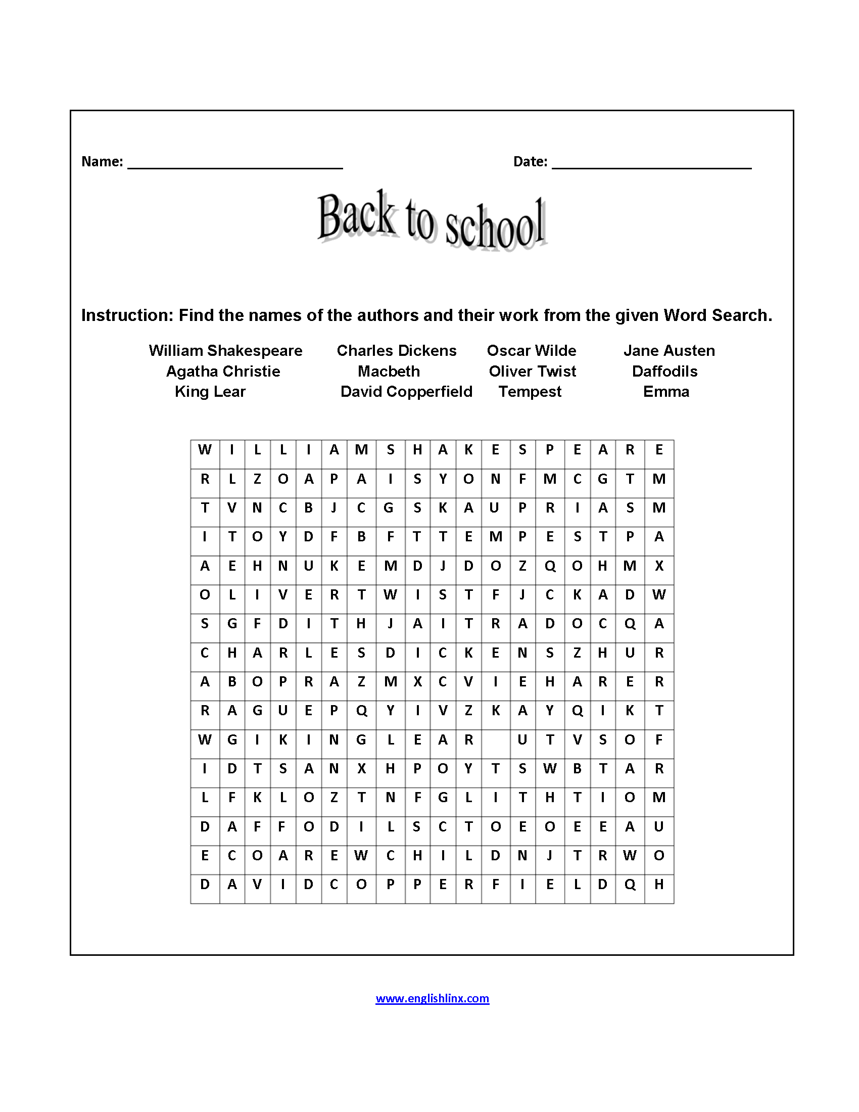 Back To School Free Printable Word Search Answer Key