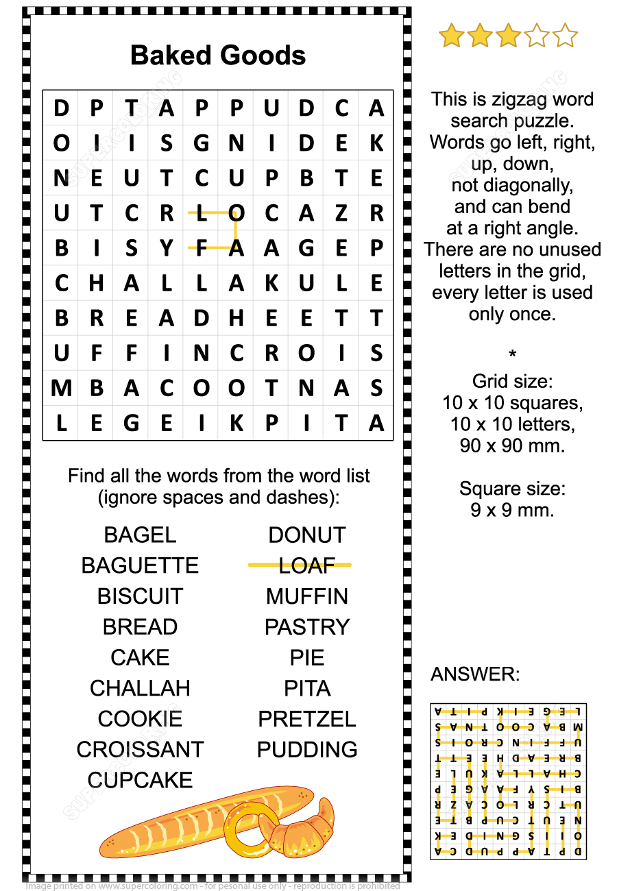 Baked Goods Zigzag Word Search Puzzle | Free Printable