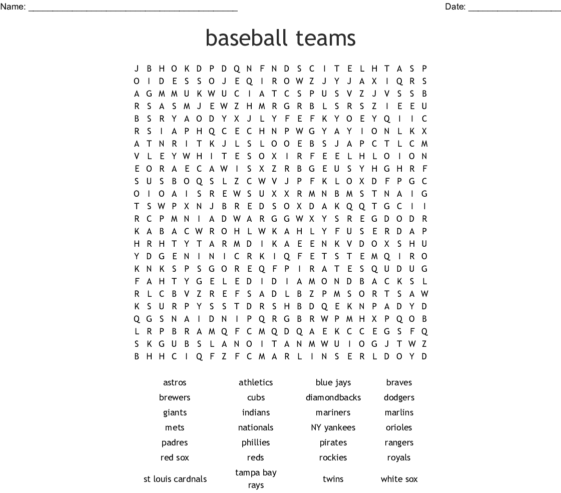 Baseball Teams Word Search - Wordmint