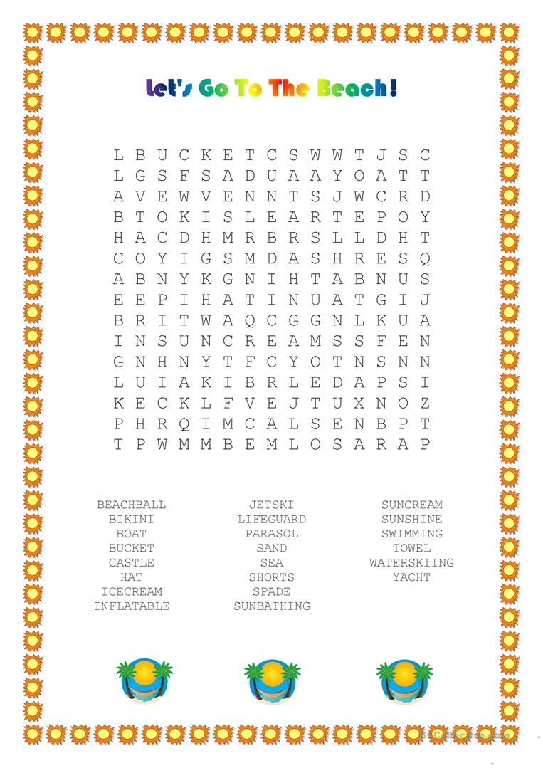 Beach Wordsearch - English Esl Worksheets For Distance