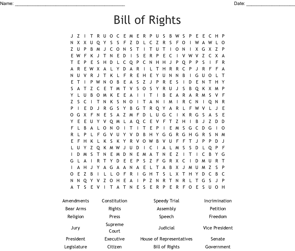 Bill Of Rights Word Search - Wordmint