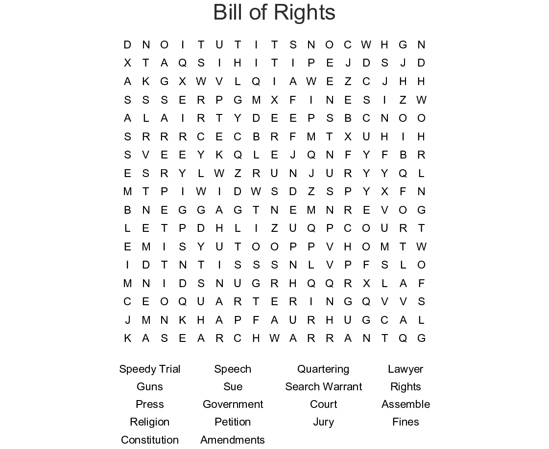 Bill Of Rights Word Search - Wordmint