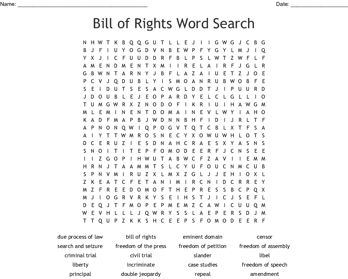 Bill Of Rights Word Search - Wordmint