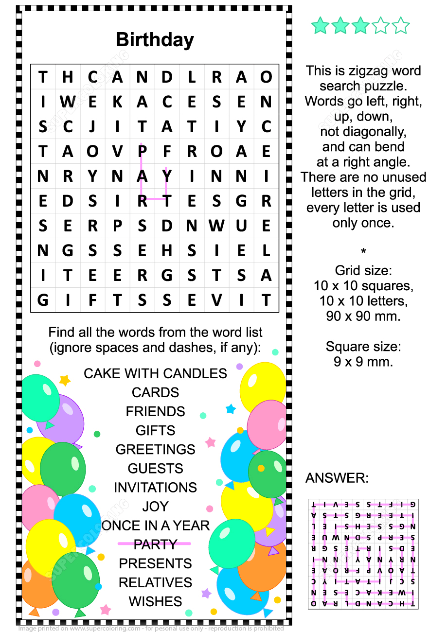 Birthday Zigzag Word Search Puzzle | Free Printable Puzzle Games