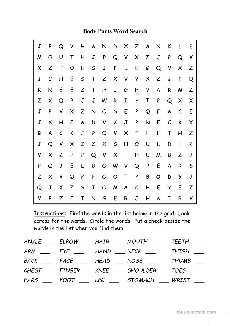 Body Parts Word Search Puzzle - English Esl Worksheets For