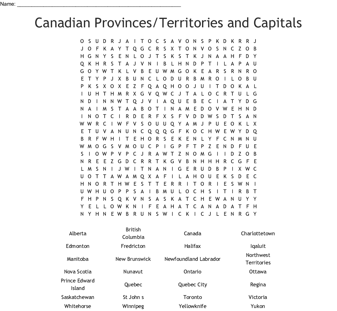 Canadian Provinces/territories And Capitals Word Search