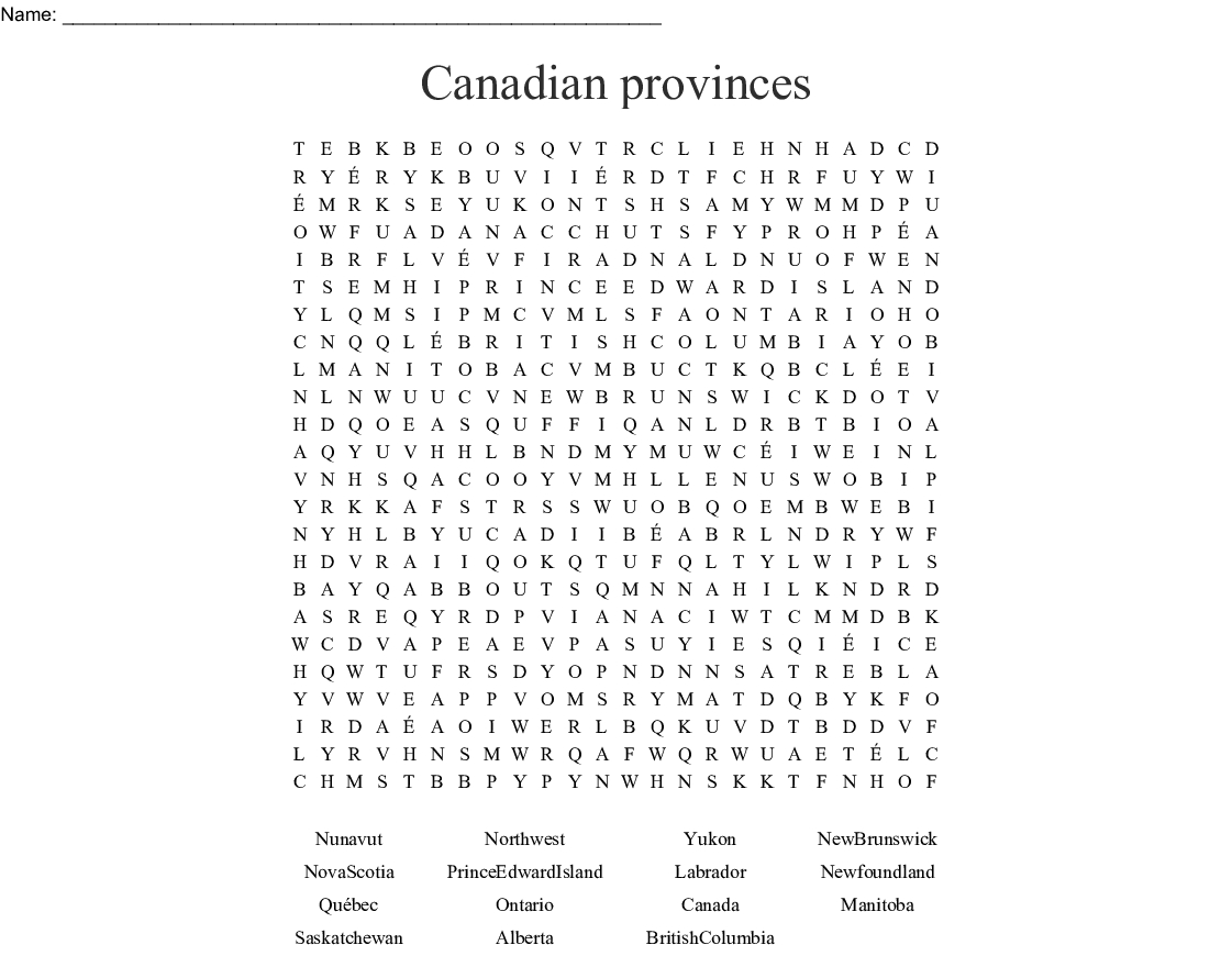 Canadian Provinces Word Search - Wordmint