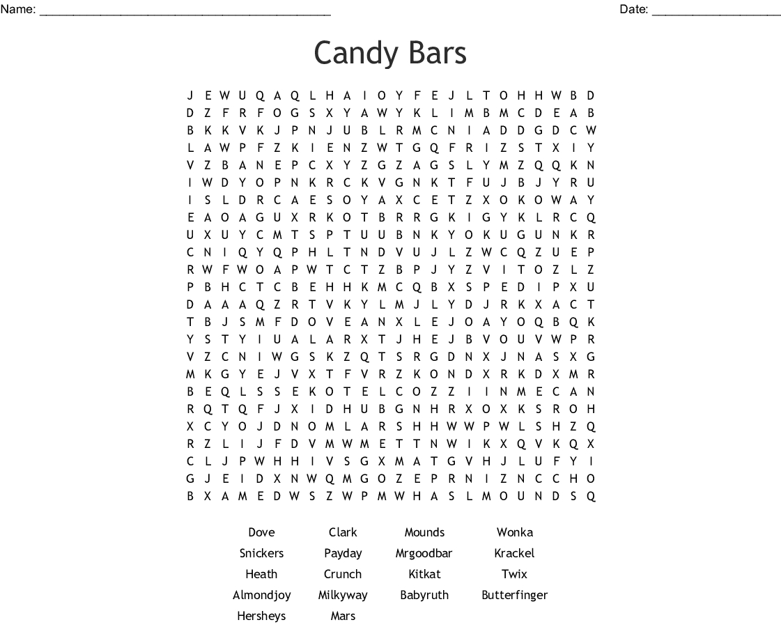 Candy Bars Word Search - Wordmint