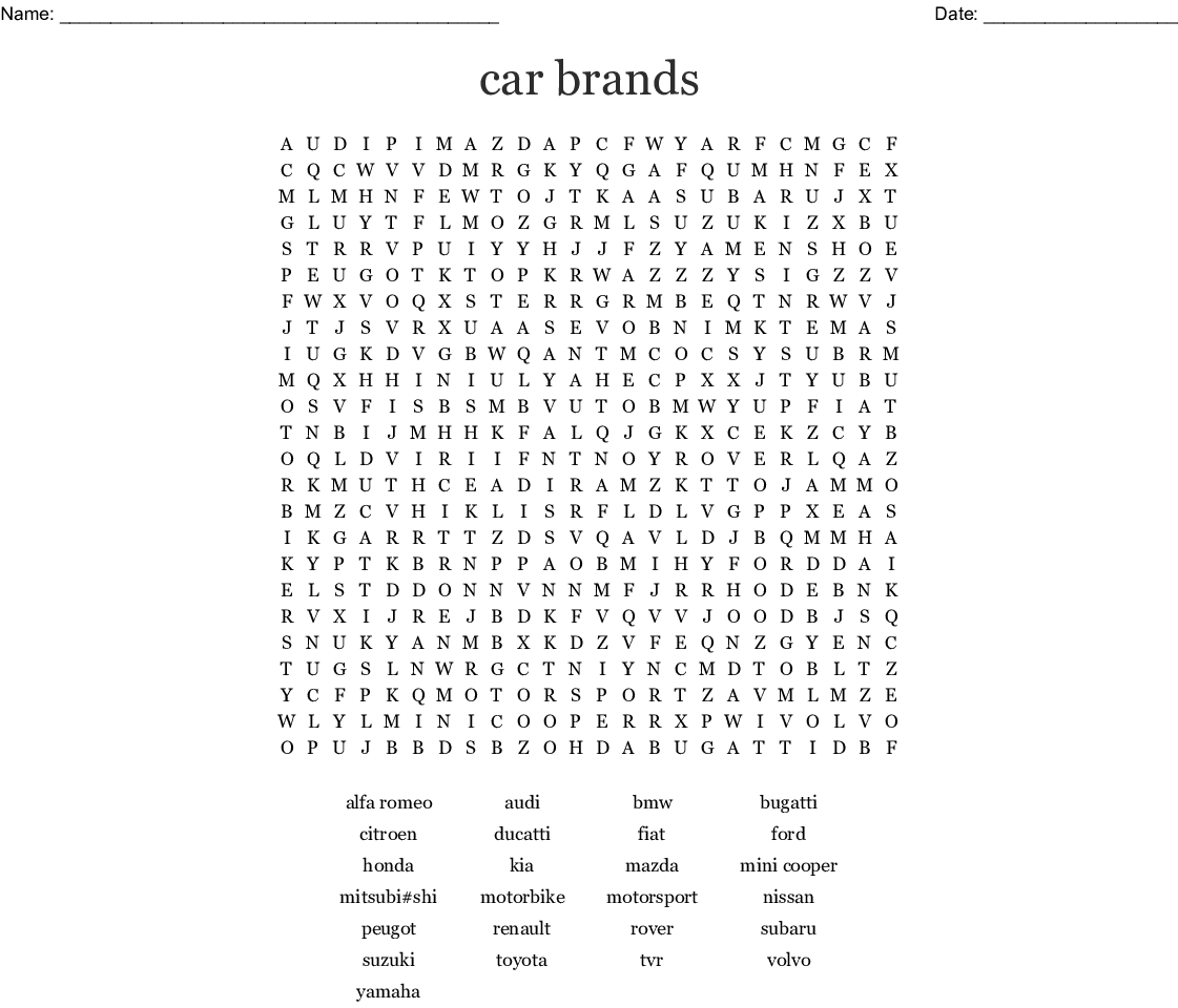 Car Brands Word Search - Wordmint